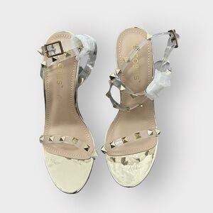 Jacobies Clear Transparent Gold Studded Strappy Crisscross Heels Club Party NWT